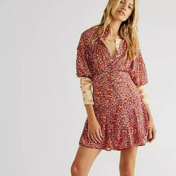 Free People floral print plunge mini dress with half sleeves size medium NWTs - Picture 1 of 12